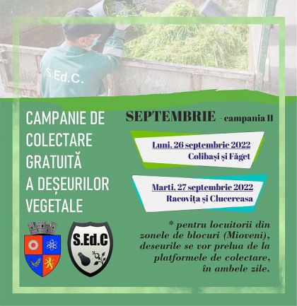 Mioveni - Campanie de colectare gratuită a deșeurilor vegetale PROGRAM COLECTARE - Septembrie 2022